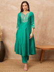 Green Chanderi Silk Solid A-Line Kurta Trouser with Dupatta