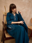 Blue Pure Cotton Floral Embroidered A-Line Kurta Trouser With Dupatta