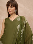 Olive Pure Cotton Floral Printed A-Line Kurta Trouser With Printed Dupatta