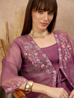 Purple Pure Cotton Solid A-Line Kurta Trouser With Floral & Mirror Embroidered Shrug