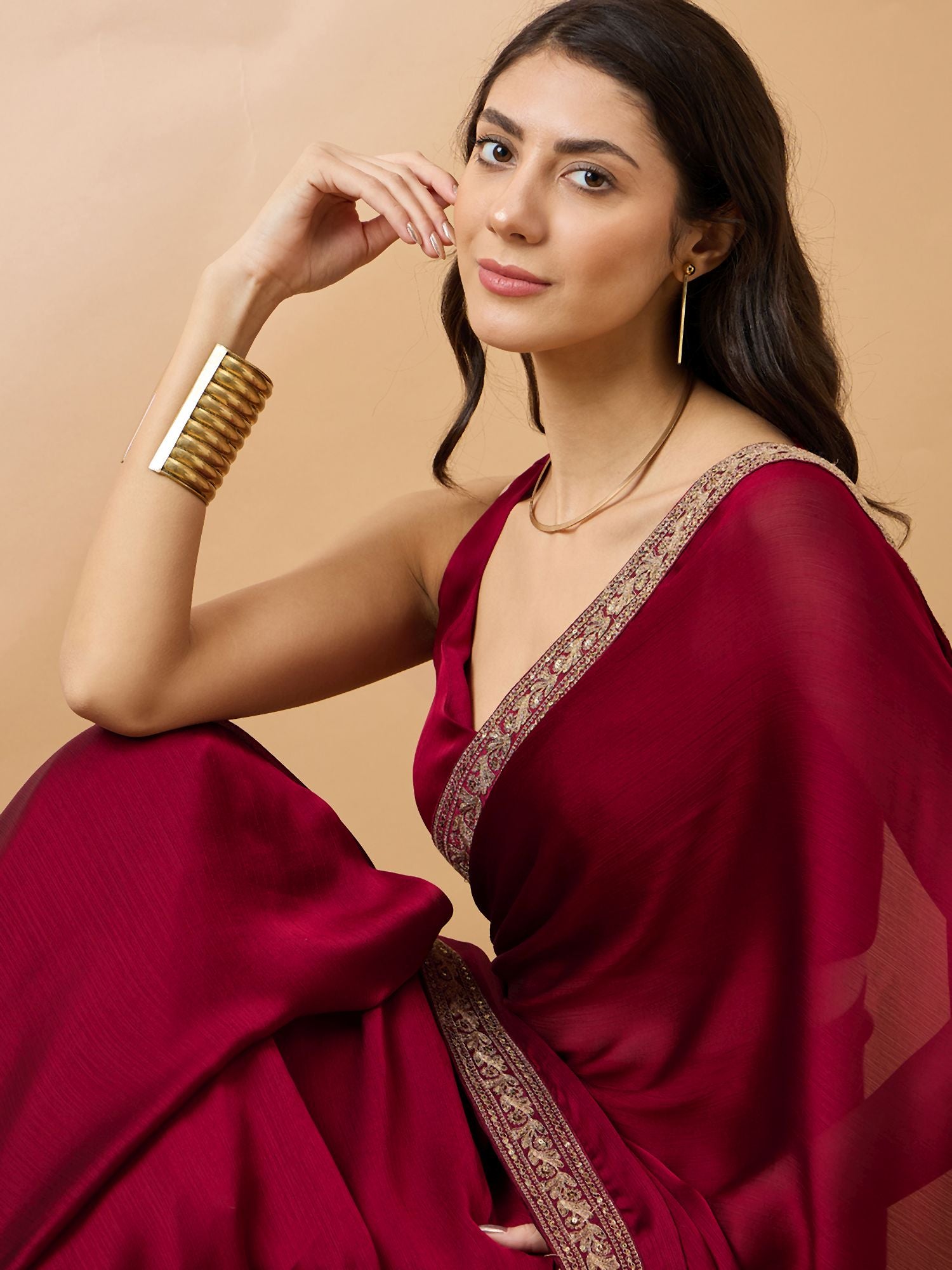Maroon Satin Solid with Embroidered Lace Saree with Unstitched Fancy Blouse