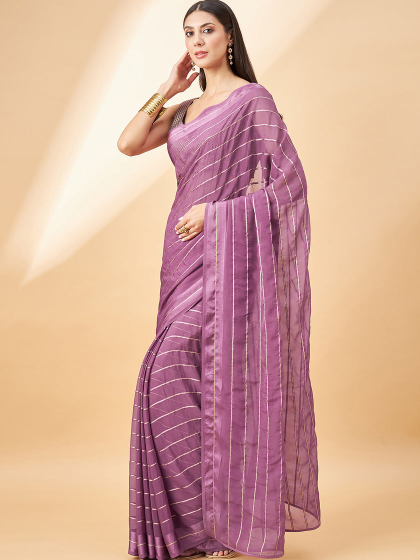 Lavender Chiffon Viscose Stripes Saree with Unstitched Fancy Blouse