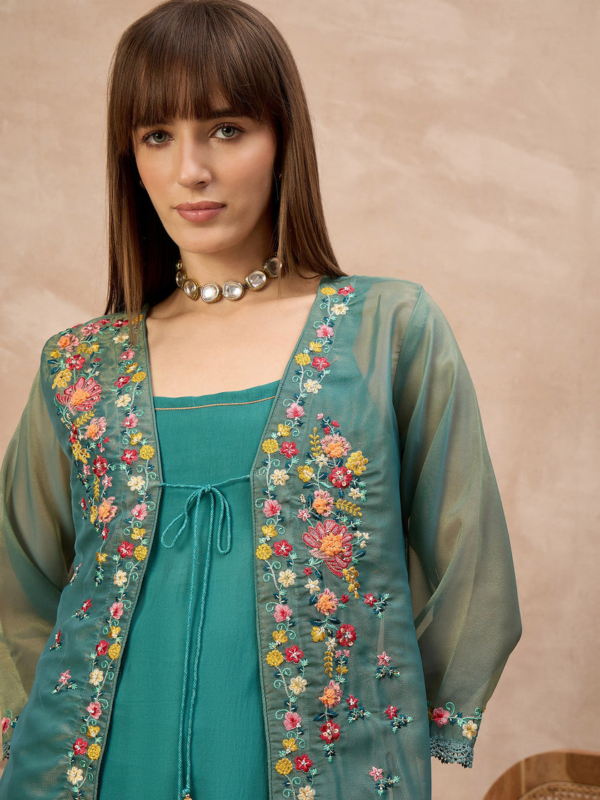Green Pure Cotton Solid A-Line Kurta Trouser With Floral & Mirror Embroidered Shrug