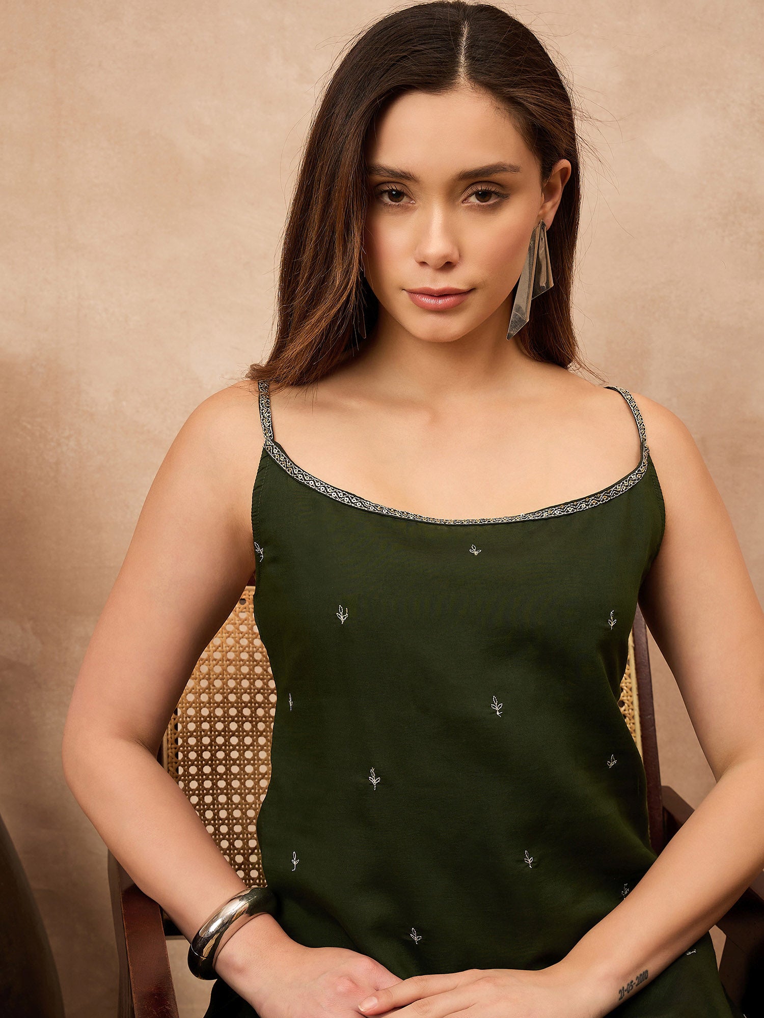 Green Silk Blend Embroideried A-Line Kurta Trouser