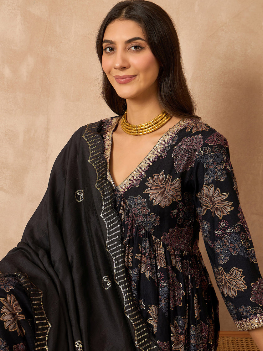 Black Cotton Blend Printed Anarkali Kurta Trouser With Dupatta