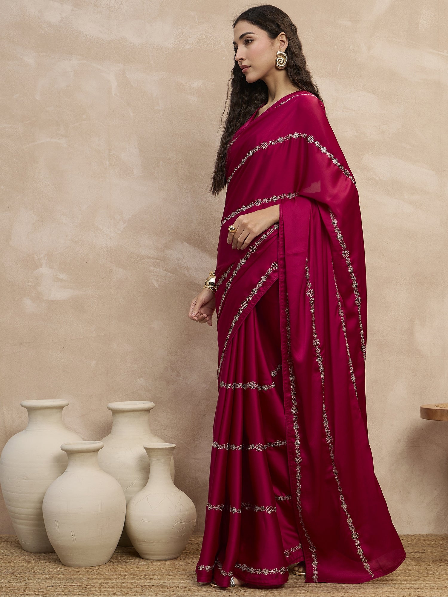Magenta Satin Stripped Silver Jari Work  Saree with Unstitched Blouse