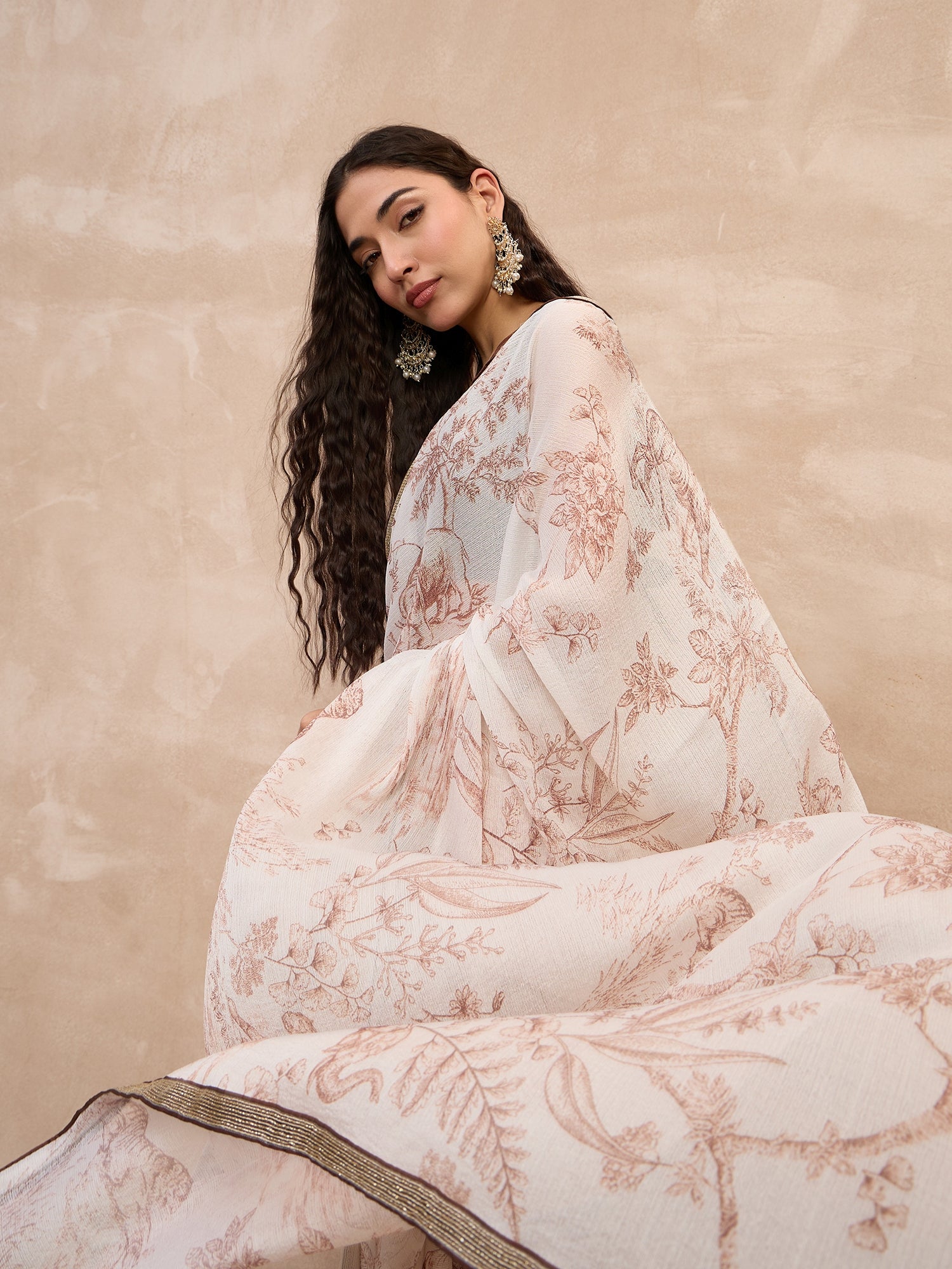 Off-White Pure Chiffon Digital Print With Embellished Lace Saree with Unstitched Blouse