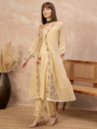 Beige Pure Cotton Solid A-Line Kurta Trouser With Floral & Mirror Embroidered Shrug