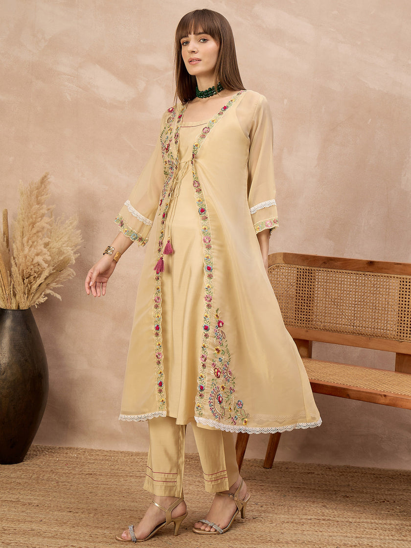 Beige Pure Cotton Solid A-Line Kurta Trouser With Floral & Mirror Embroidered Shrug