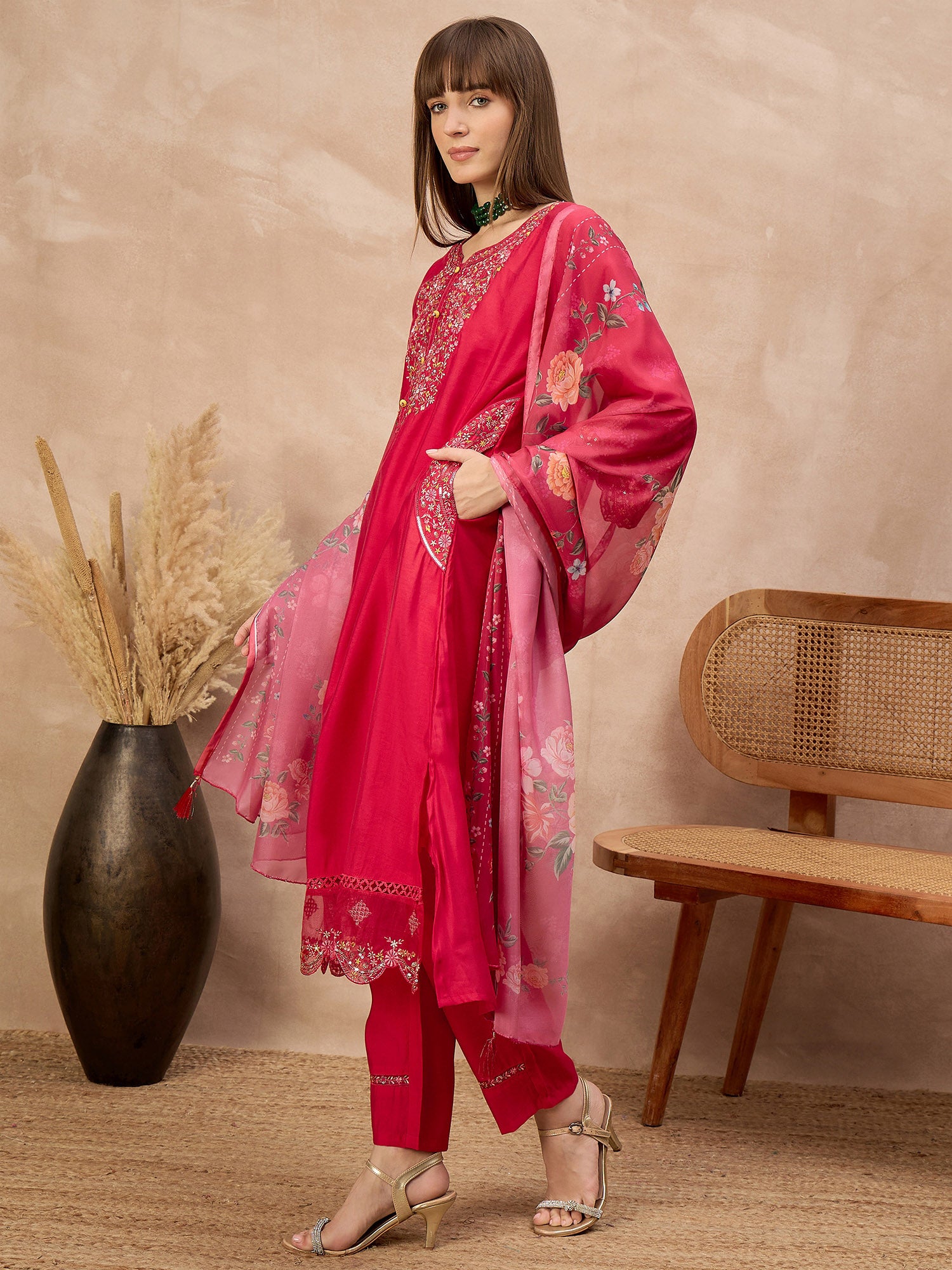 Rose Pure Cotton Beads & Stone Embroidered With Buttons A-Line Kurta Trouser With Printed Dupatta