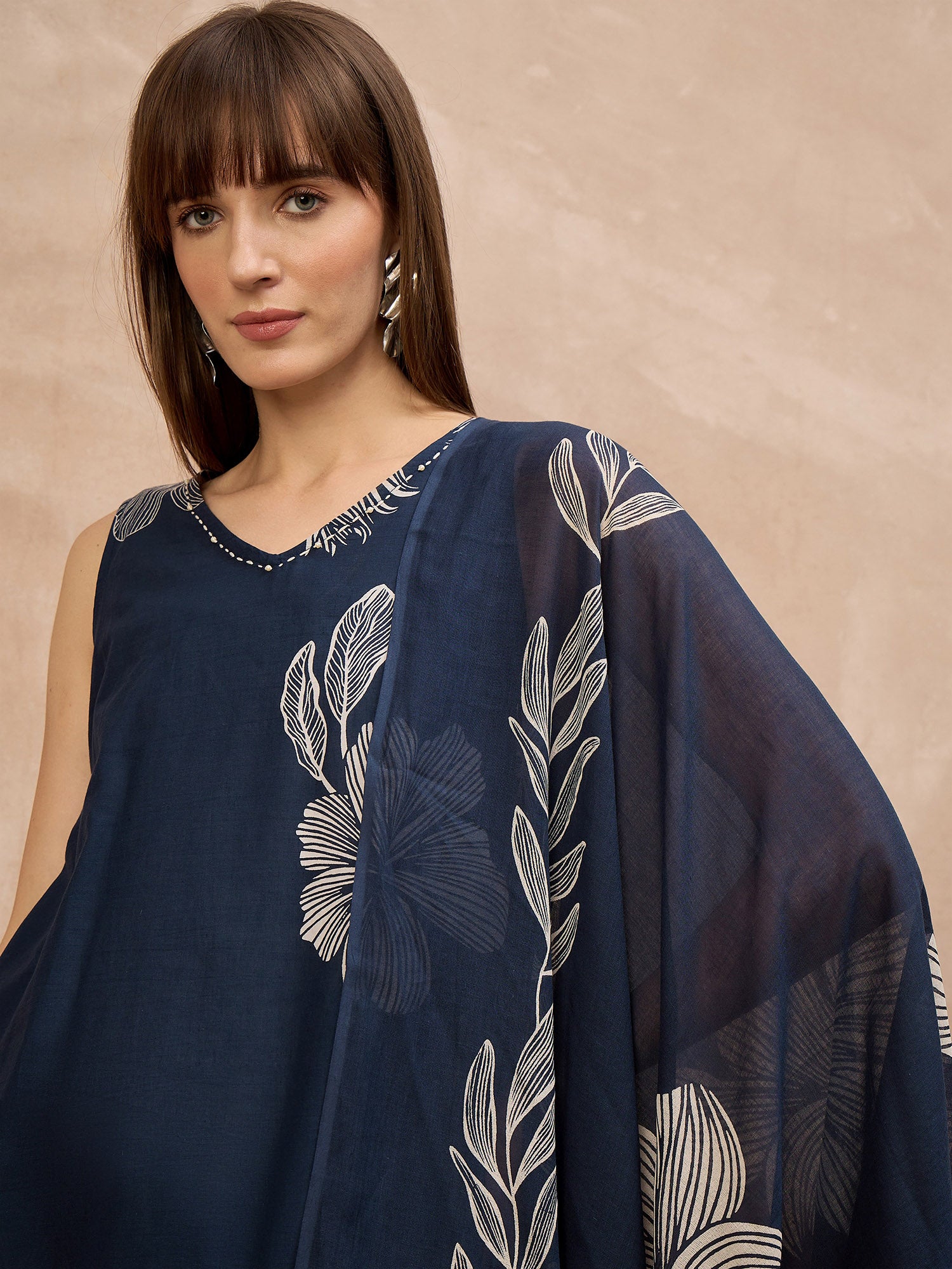 Blue Pure Cotton Floral Printed A-Line Sleeveless Kurta Trouser With Printed Dupatta