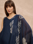 Blue Pure Cotton Floral Printed A-Line Sleeveless Kurta Trouser With Printed Dupatta