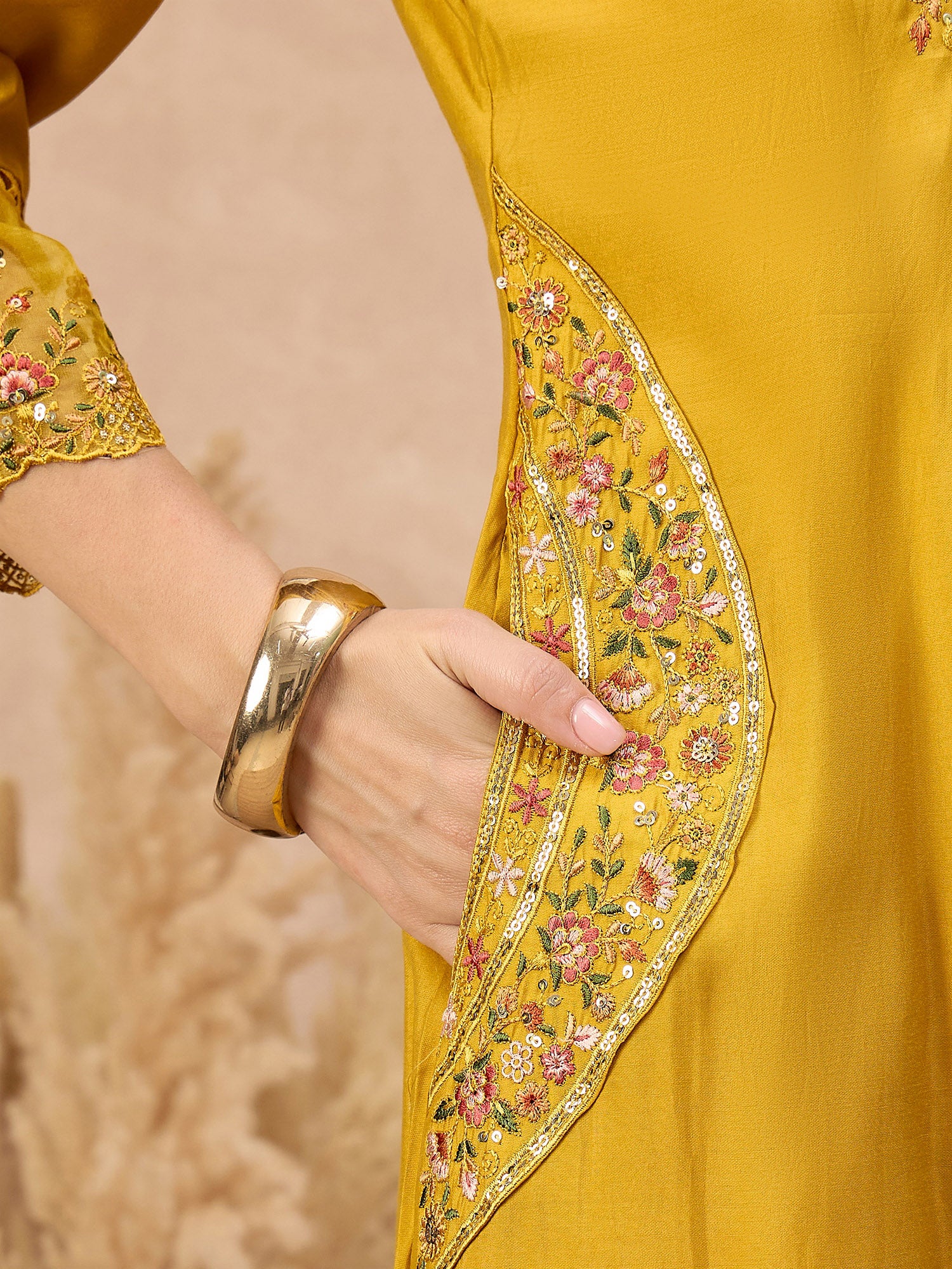 Gold Pure Cotton Beads & Stone Embroidered With Buttons A-Line Kurta Trouser With Printed Dupatta