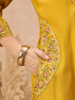Gold Pure Cotton Beads & Stone Embroidered With Buttons A-Line Kurta Trouser With Printed Dupatta