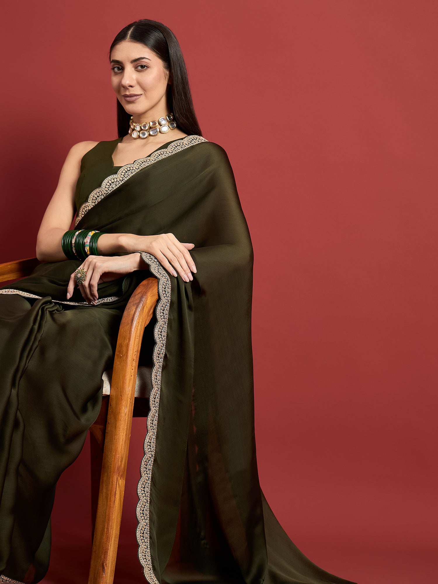 Olive Satin Solid With Embroidered Border Saree with Unstitched Fancy Blouse