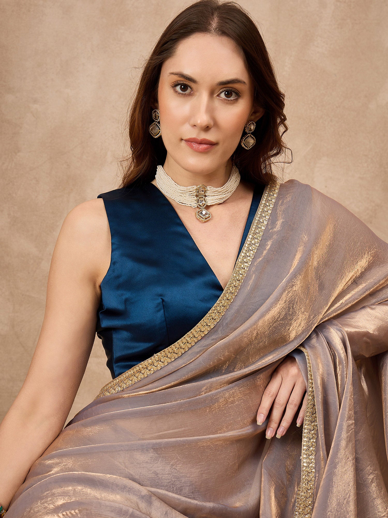 Silver Organza Solid with Gota Lace Saree with Unstitched Blouse