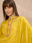 Yellow Pure Cotton Floral Embroidered With Buttons A-Line Kurta Trouser With Dupatta