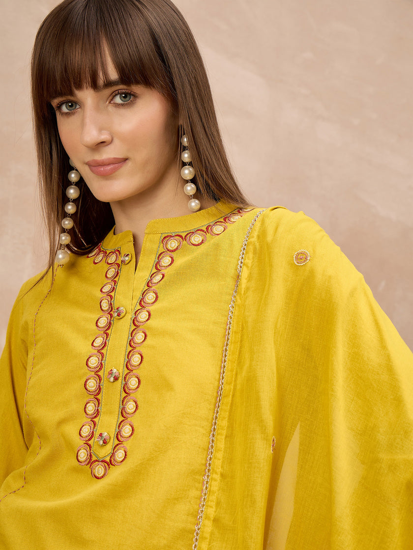 Yellow Pure Cotton Floral Embroidered With Buttons A-Line Kurta Trouser With Dupatta
