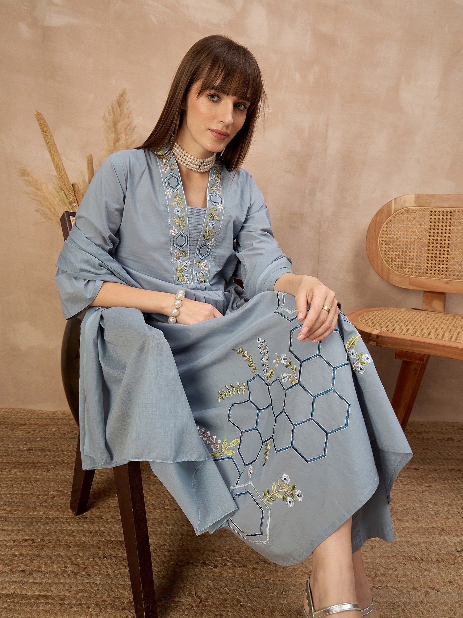 Grey Pure Cotton Floral & Geometric Embroidered A-Line Kurta Trouser With Dupatta