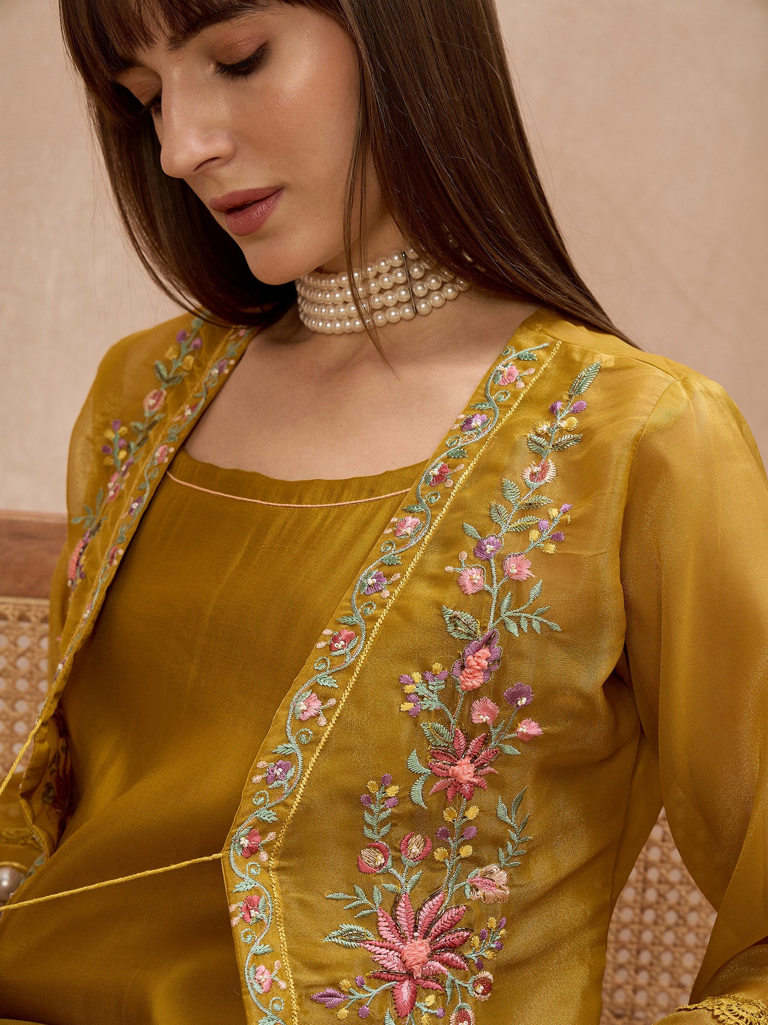 Mustard Pure Cotton Solid A-Line Kurta Trouser With Floral & Mirror Embroidered Shrug