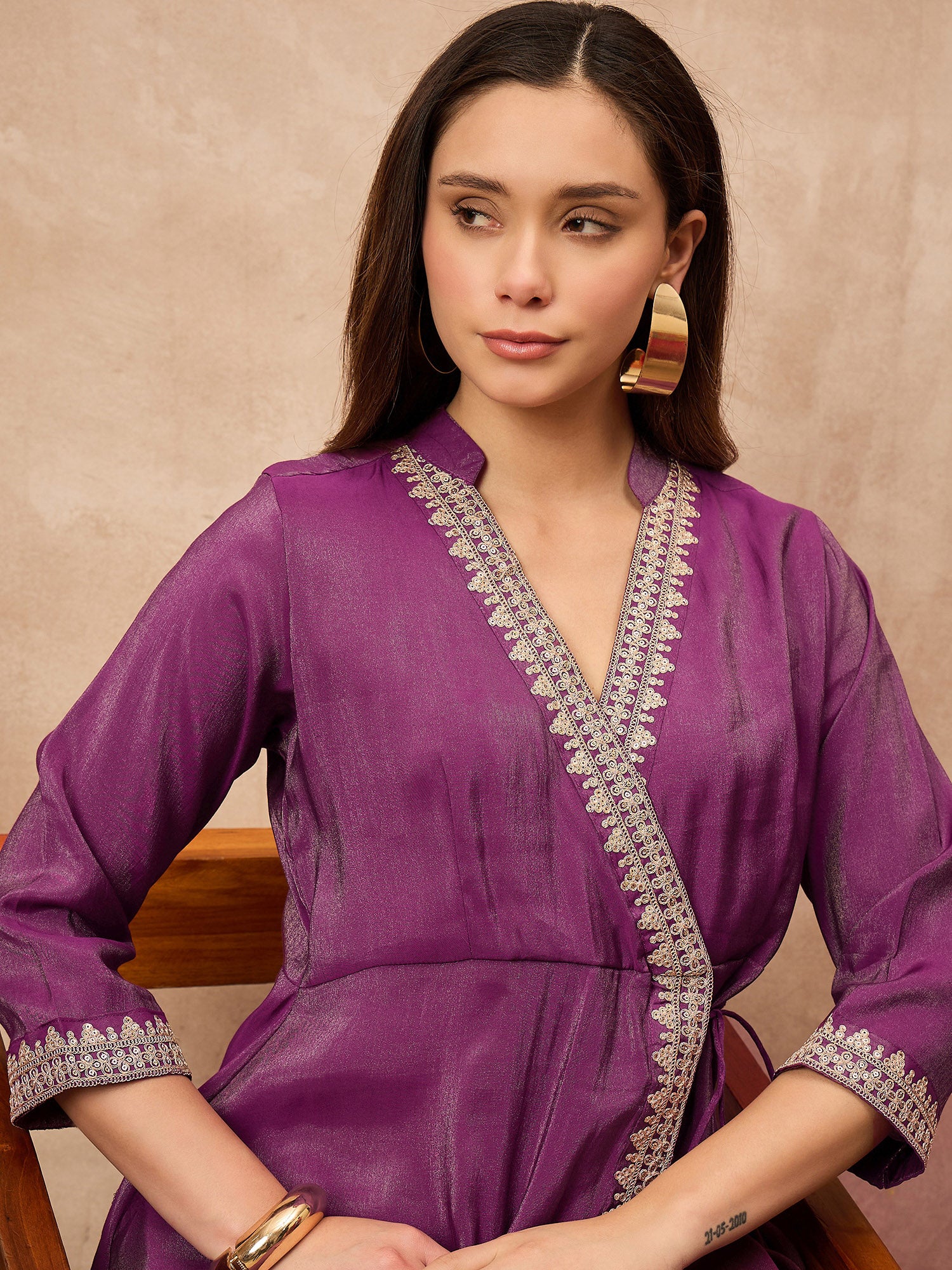 Purple Chanderi Silk Solid A-Line Kurta Trouser