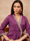 Purple Chanderi Silk Solid A-Line Kurta Trouser