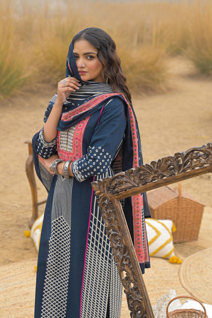 Blue Pure Cotton Ajrakh Printed A-Line Kurta Trouser With Dupatta