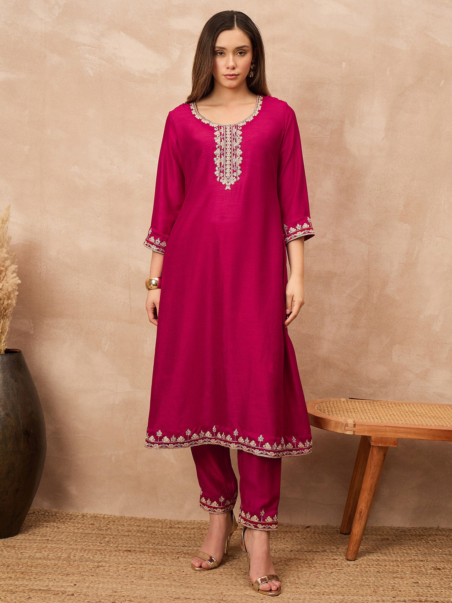 Rose Silk Blend Solid A-Line Kurta Trouser with Dupatta