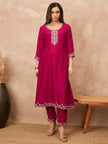 Rose Silk Blend Solid A-Line Kurta Trouser with Dupatta