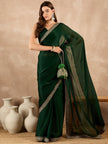 Green Satin Solid With Embroidered Border Saree with Unstitched Fancy Blouse
