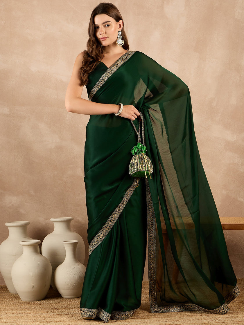 Green Satin Solid With Embroidered Border Saree with Unstitched Fancy Blouse