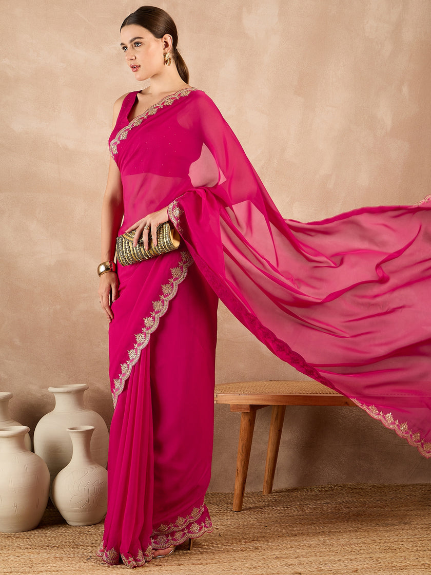 Rose Organza Solid With Embroidered Border Saree with Unstitched Fancy Blouse