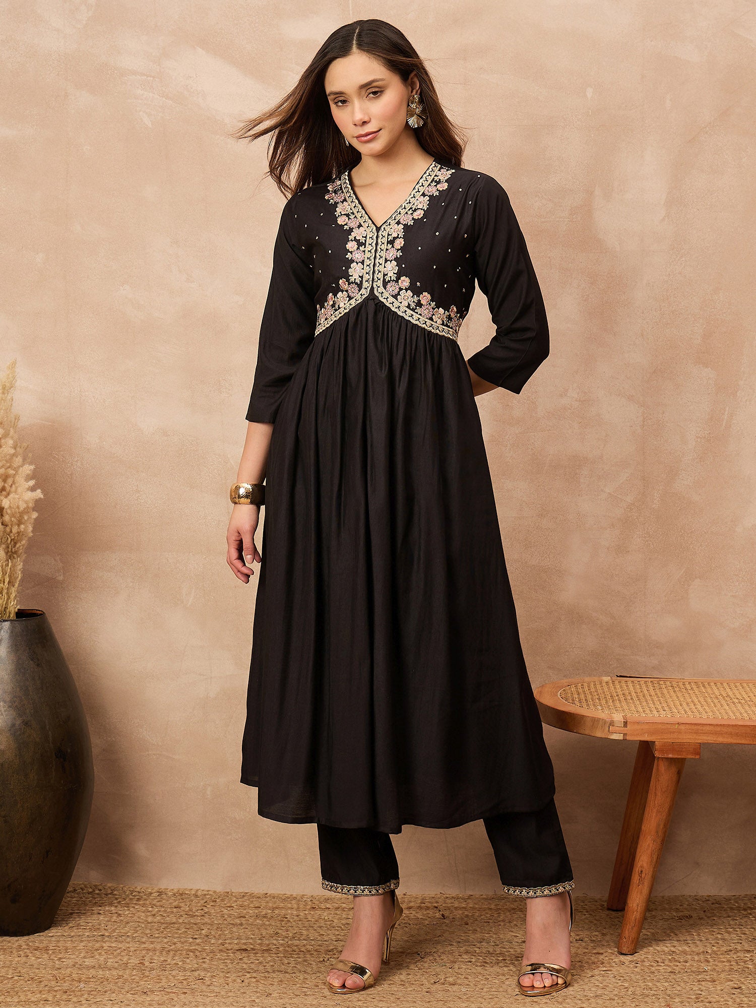 Black Silk Blend Solid A-Line Kurta Trouser with Dupatta