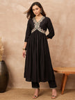 Black Silk Blend Solid A-Line Kurta Trouser with Dupatta