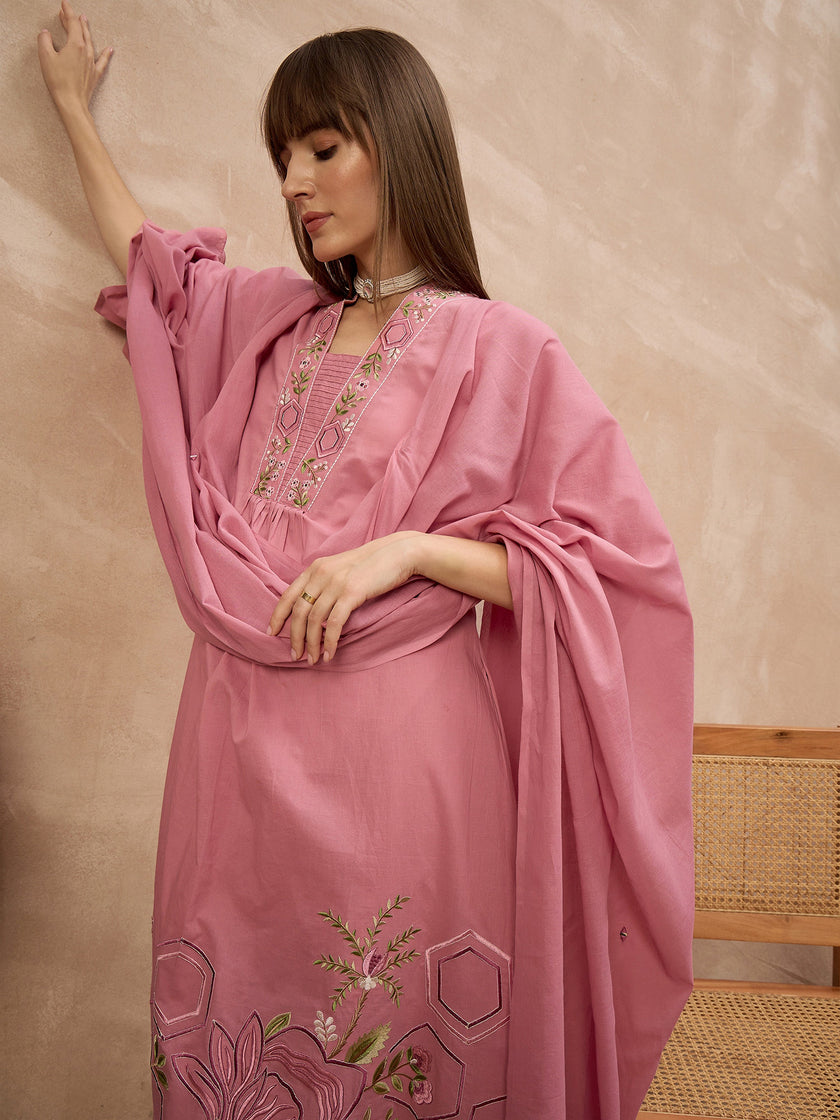 Peach Pure Cotton Floral & Geometric Embroidered A-Line Kurta Trouser With Dupatta