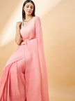 Baby Pink Pure Chiffon Zigzag Pleated Crush Print With Embellished Lace Saree with Unstitched Fancy Blouse