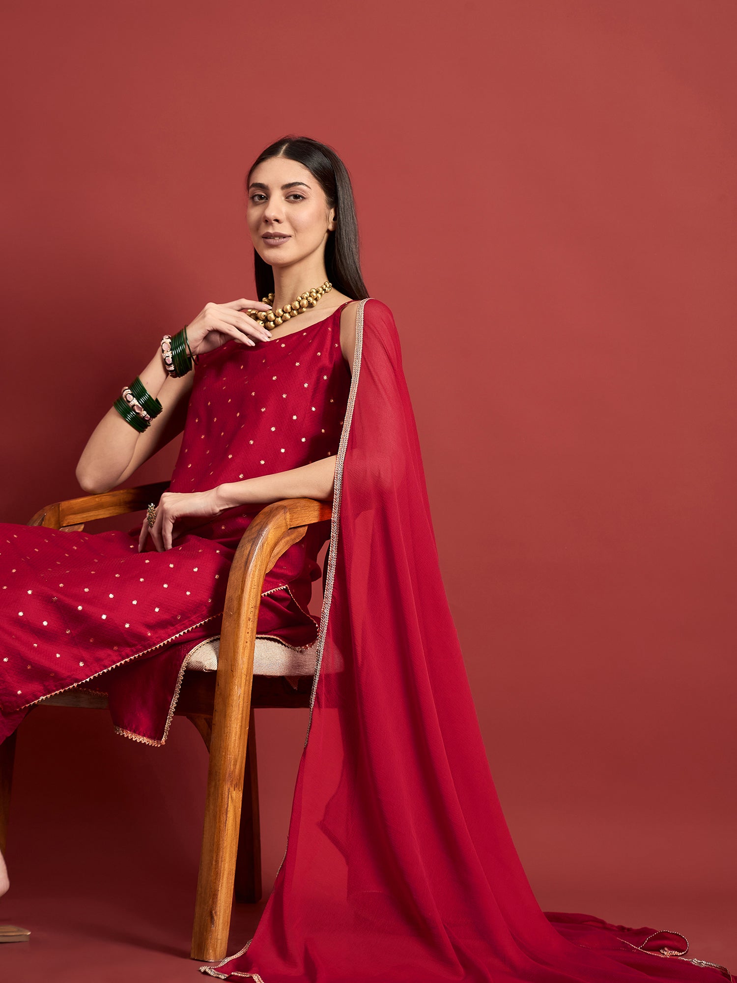 Red  Silk Blend Printed A-Line Kurta  Trouser