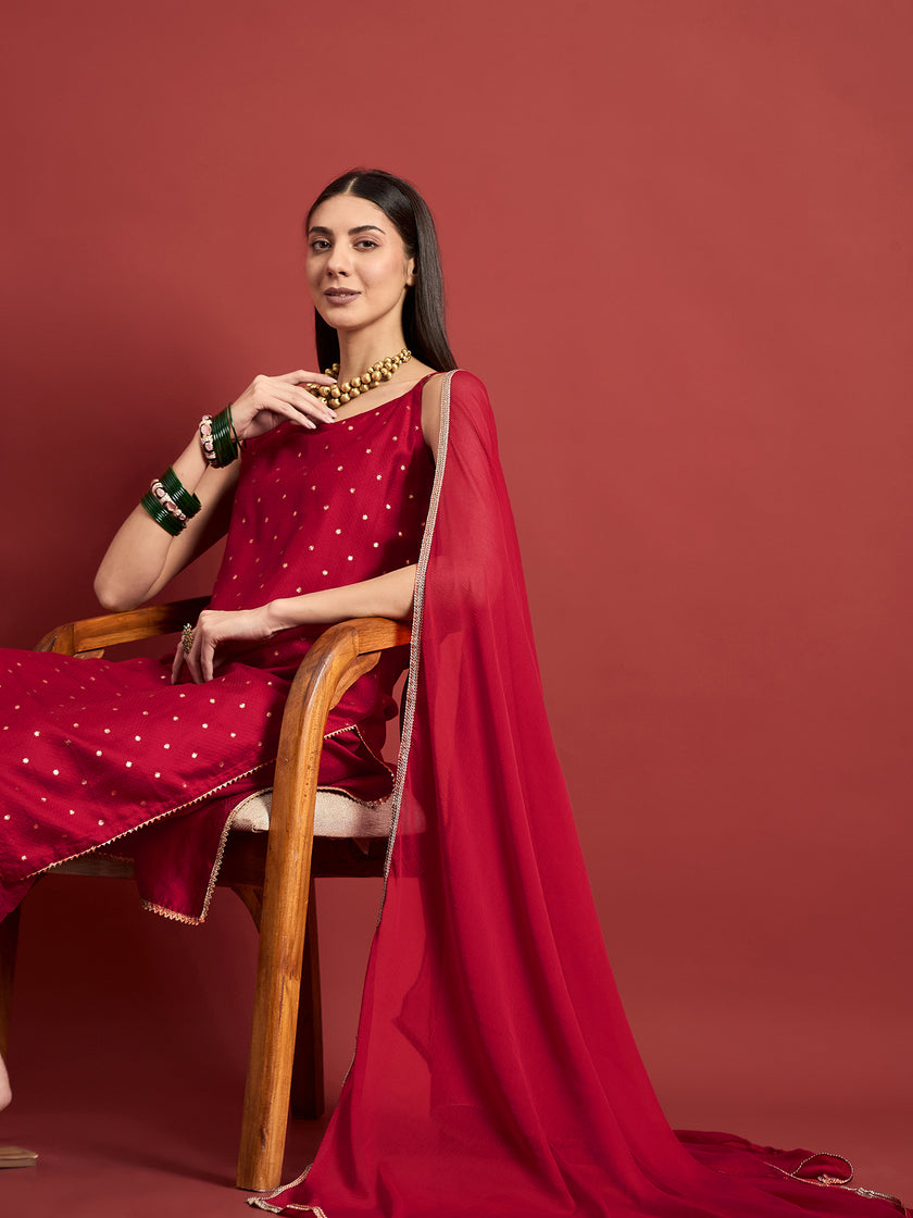 Red  Silk Blend Printed A-Line Kurta  Trouser