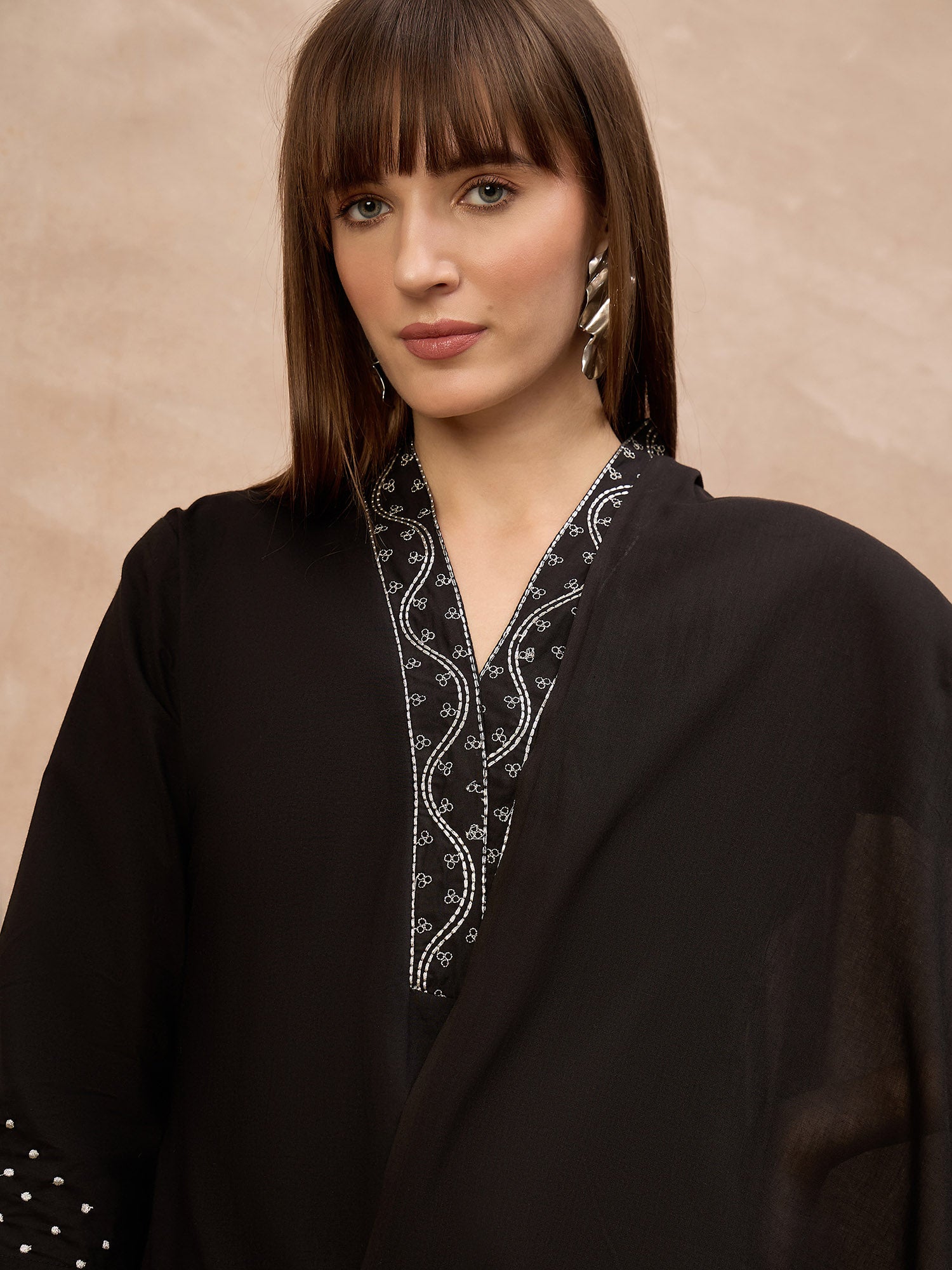 Black Pure Cotton Floral Embroidered A-Line Kurta Trouser With Dupatta
