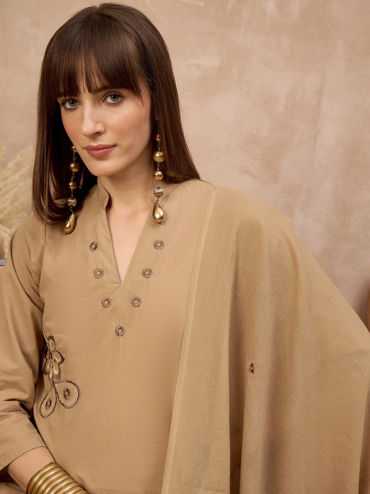Beige Pure Cotton Floral Embroidered A-Line Kurta Trouser With Dupatta