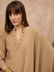 Beige Pure Cotton Floral Embroidered A-Line Kurta Trouser With Dupatta