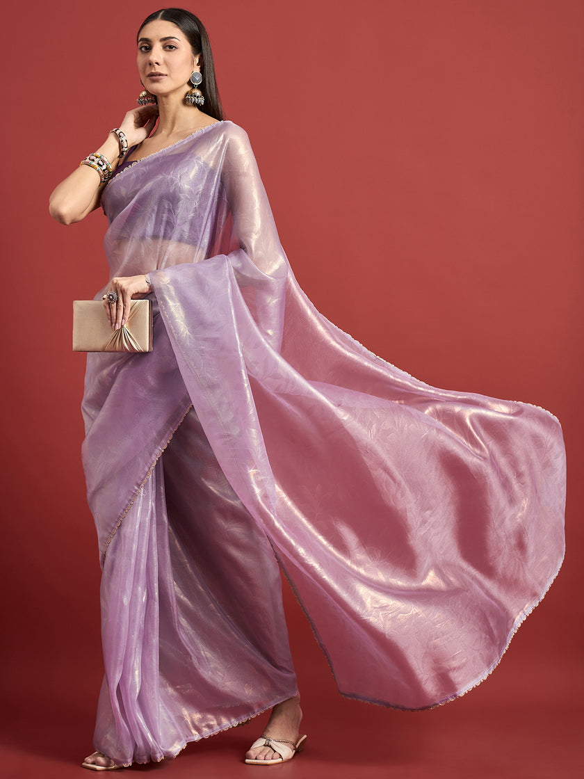 Lavender Organza Solid With Embellished Lace Saree with Unstitched Fancy Blouse