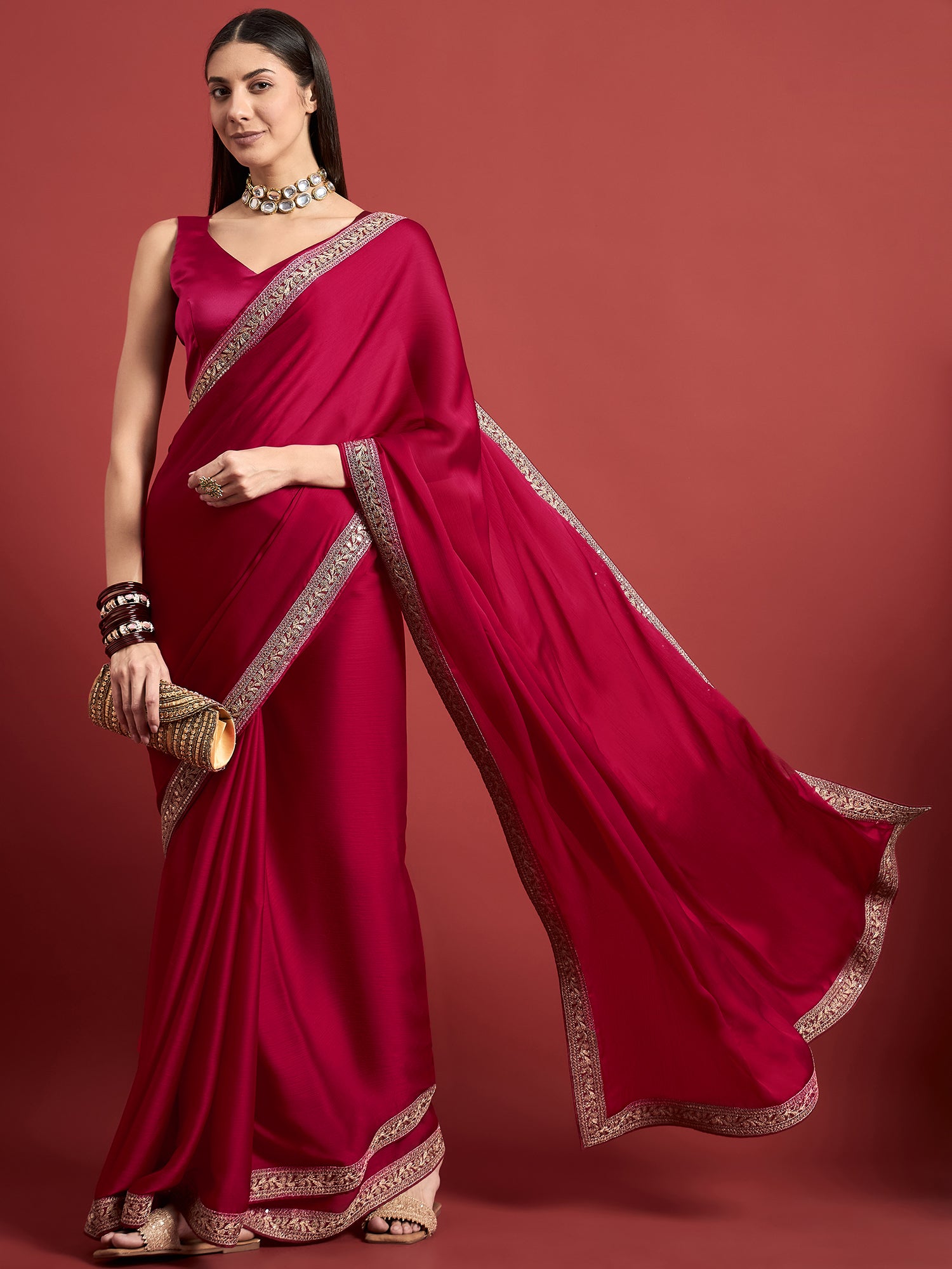 Pink  Satin Solid With Embroidered Border Saree with Unstitched Fancy Blouse