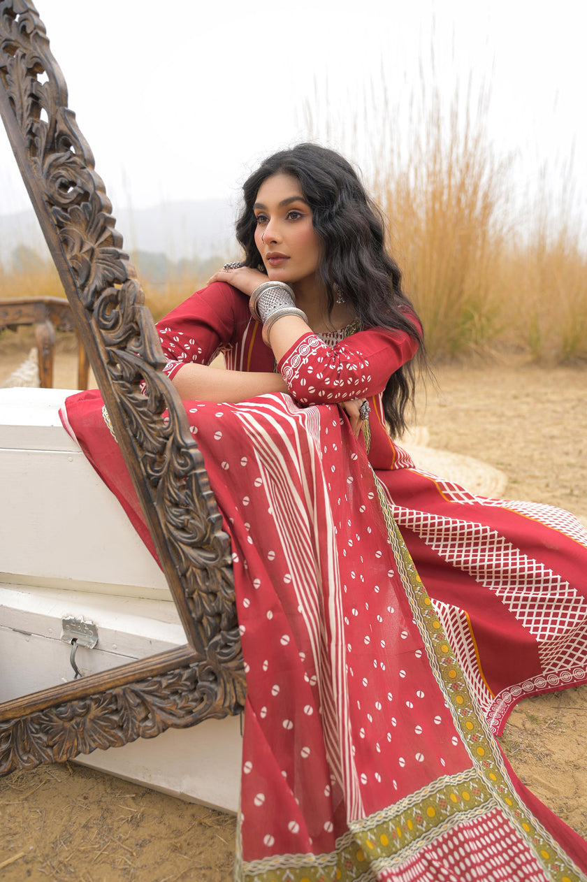 Red Pure Cotton Ajrakh Printed A-Line Kurta Trouser With Dupatta