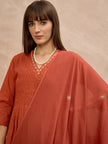 Orange Pure Cotton Embroidered Pleated A-Line Kurta Trouser With Dupatta