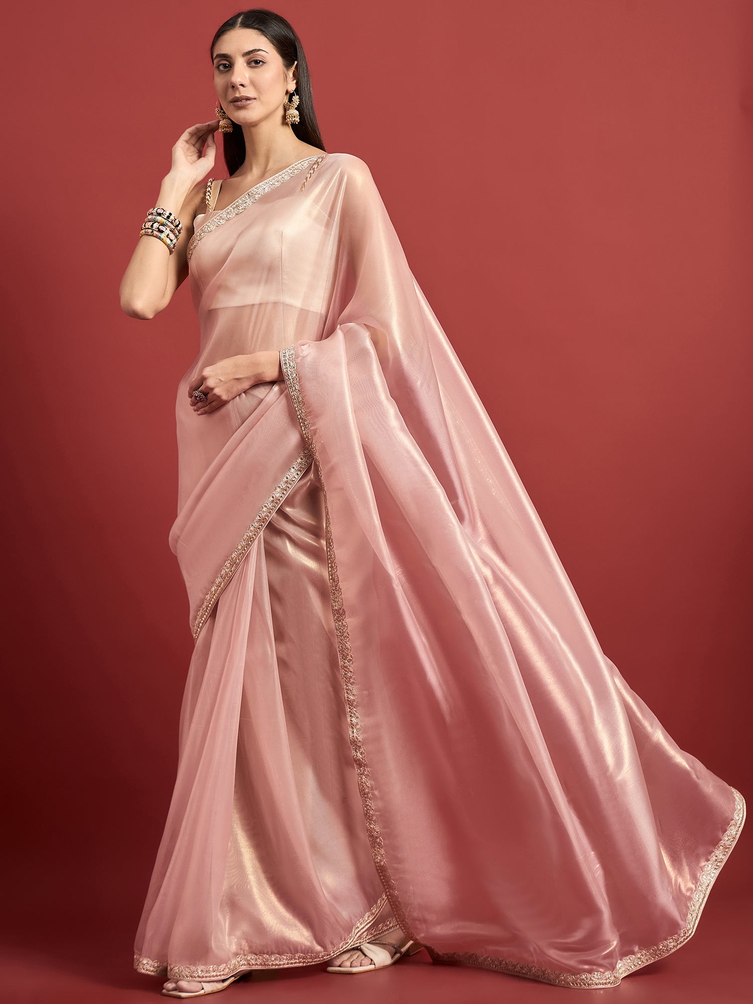 Pink  Organza Solid With Pure Gotta Embroidered Border Saree with Unstitched Fancy Blouse