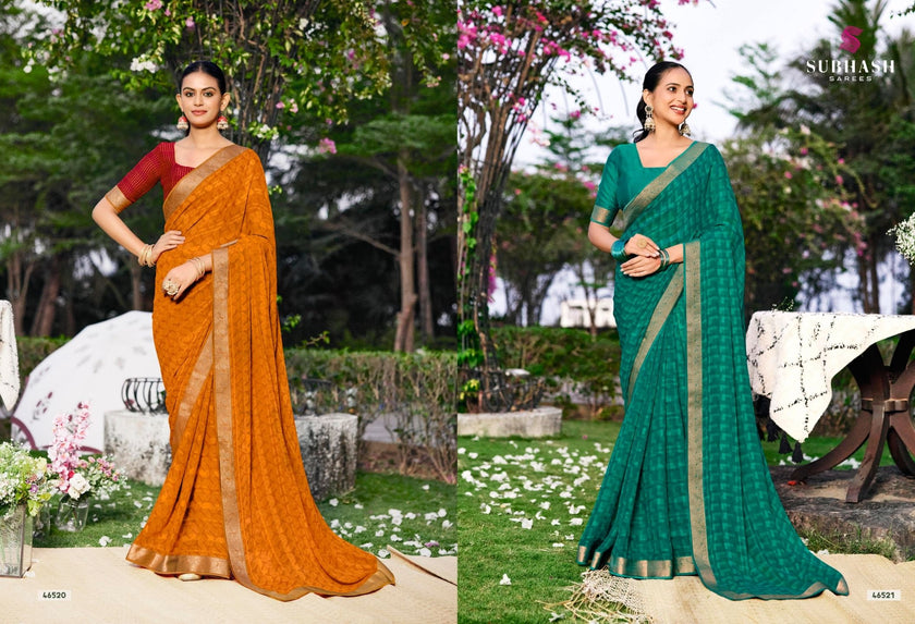 Riviera-28 : Soild Moss Chiffon Geo.Printed Saree with Chiffon Blouse