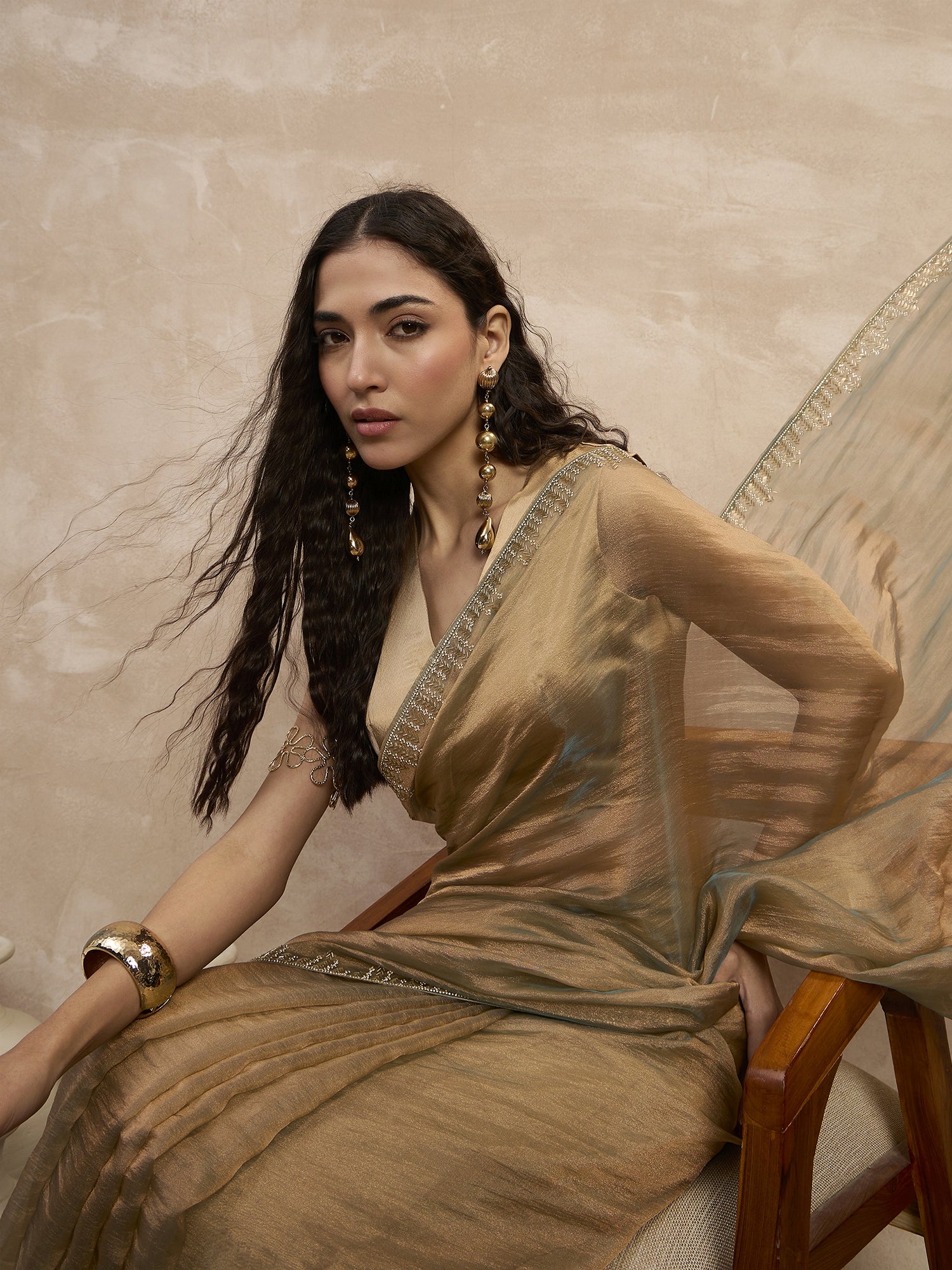 Beige Organza Solid With Stone Work Border Saree with Unstitched Blouse