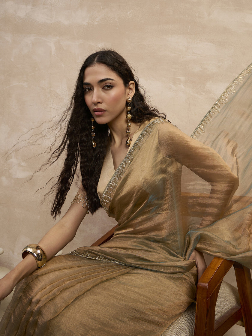 Beige Organza Solid With Stone Work Border Saree with Unstitched Blouse