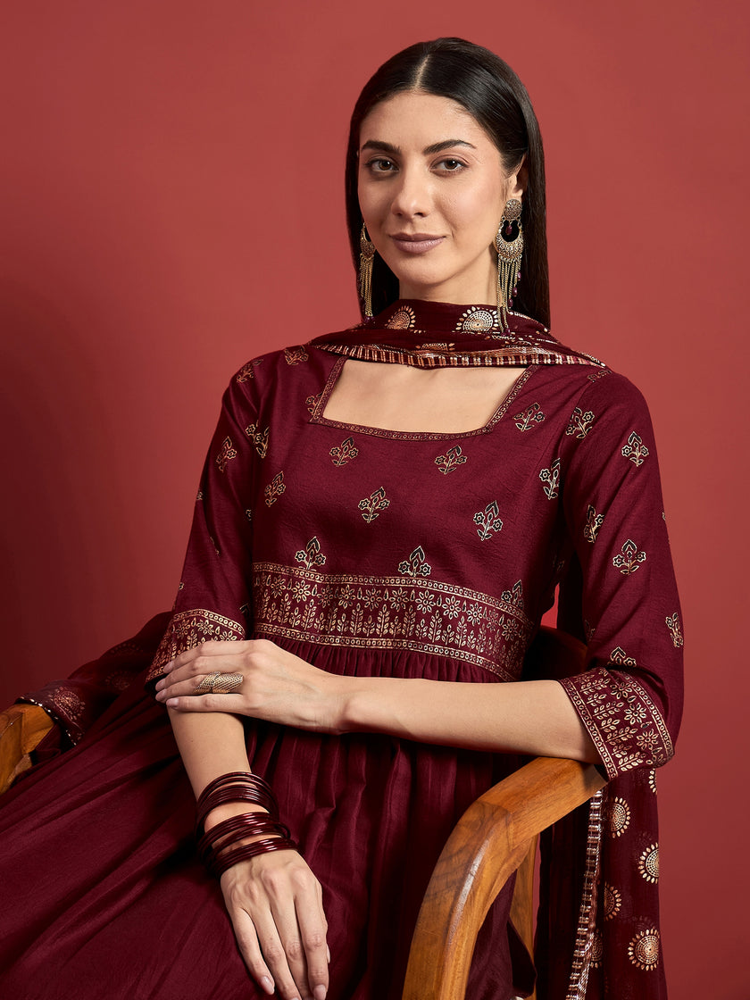 Maroon Chinon Printed A-Line Kurta  Trouser